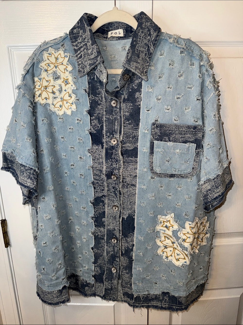 POL Distressed Two-Tone Light Blue Denim Shirt with Embroidered Accents